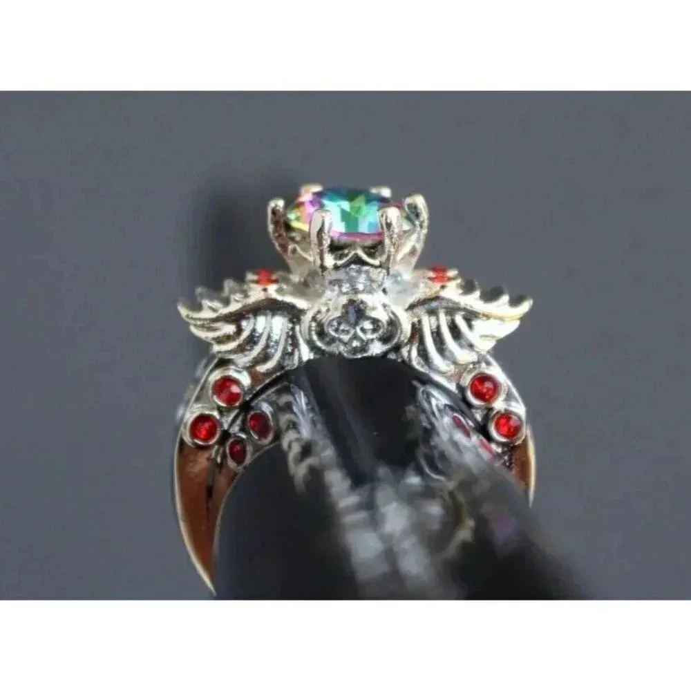 Vintage Art Nouveau Gaudy Gothic Skull Wings Cocktail Gemstone Ring Sz 8